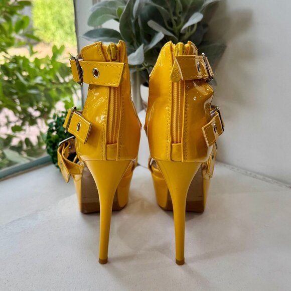Yellow Patent Leather Buckle Straps Sexy Stiletto Platform High Heel Pumps Sz 7 - Picture 5 of 8